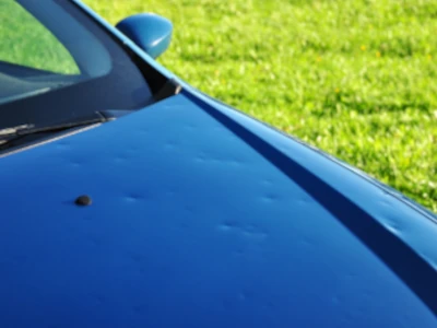 Blue vehicle with a lot of hail damage dents in the hood. Behind the vehicle is a scene of green grass.